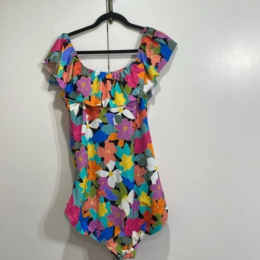 Swim Solutions Floral Off The Shoulder Ruffle One Piece Size 20W - Picture 6 of 6